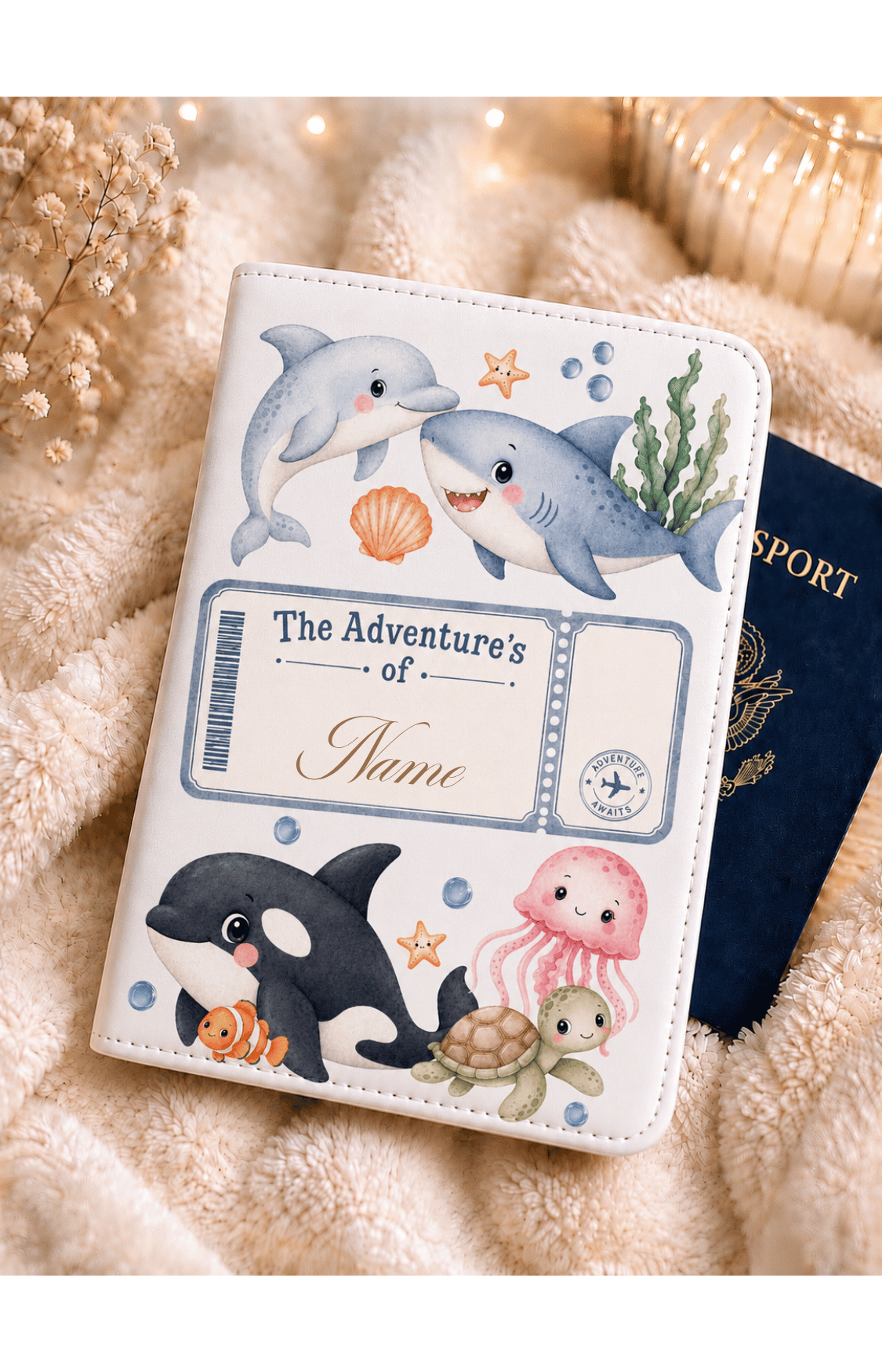 Personalised passport covers with sea animal illustrations.
