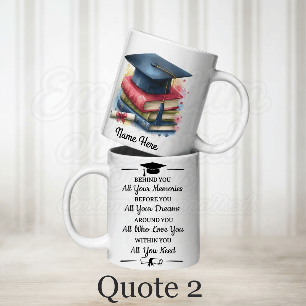 Personalised graduation mug 11oz with quote and book art