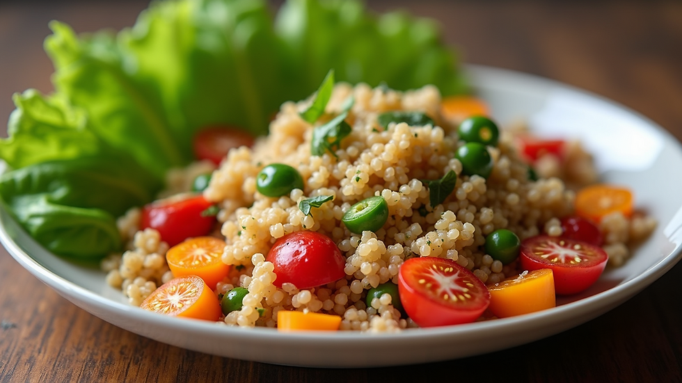Close-up view of a colorful gluten-free meal with fresh vegetables and quinoa