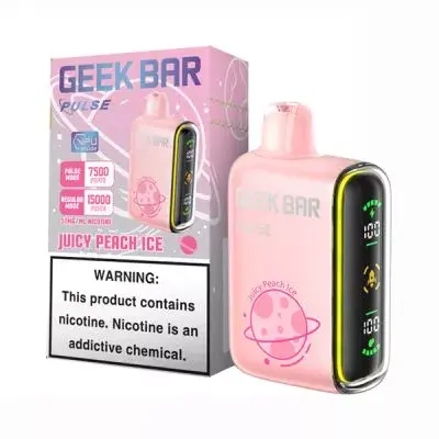 Geek Bar Pulse 15K Juicy Peach Ice vape and packaging