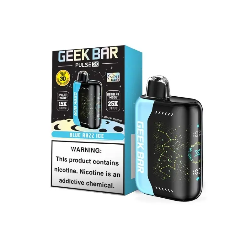 Geek Bar Pulse X Blue Razz Ice vape and packaging