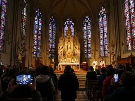 Igreja católica moderna com vitrais coloridos e fiéis de diferentes idades usando tecnologia enquanto participam da celebração