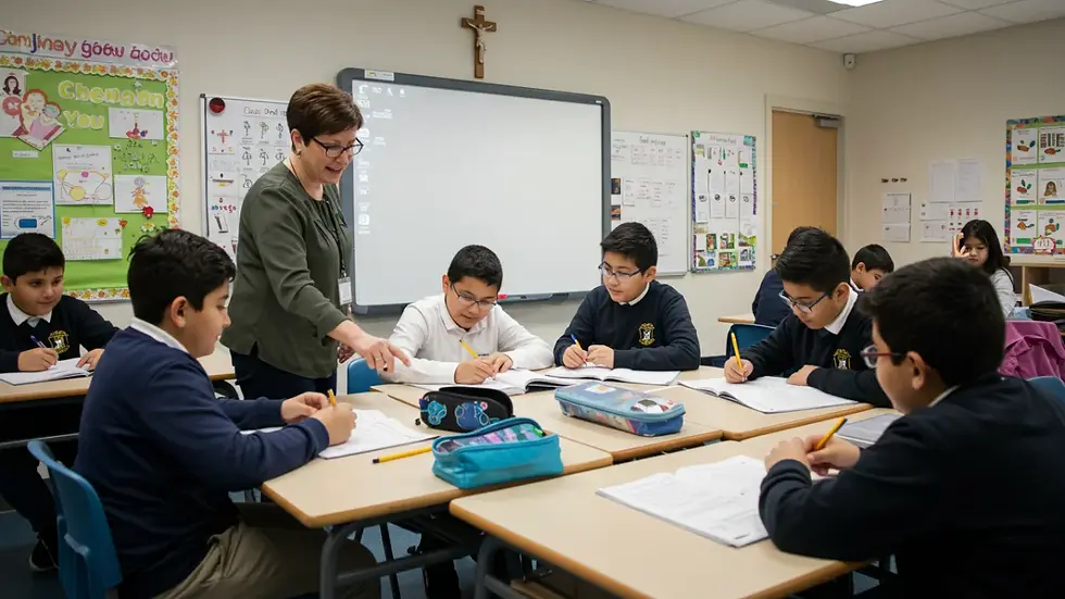 Sala de aula em escola católica com professor e alunos em ambiente educacional inclusivo