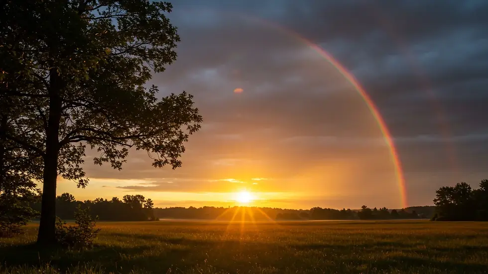 Amanhecer glorioso sobre paisagem renovada após tempestade, simbolizando as promessas de renovação divina após as tribulações, com arco-íris representando a aliança de Deus.