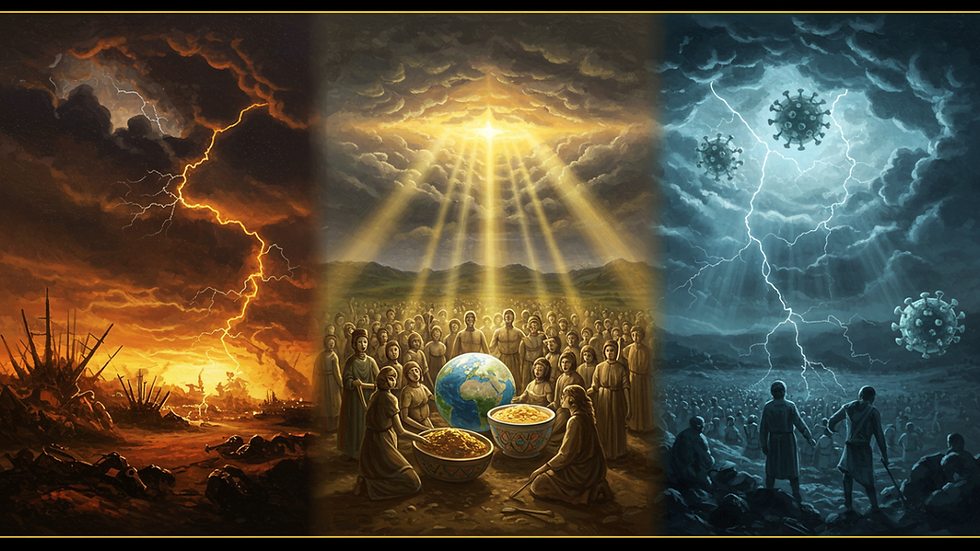 Montagem artística mostrando os três sinais dos tempos: guerras, fome e pandemias em um céu tempestuoso com raios de luz celestial atravessando as nuvens, representando esperança em meio às tribulações bíblicas.