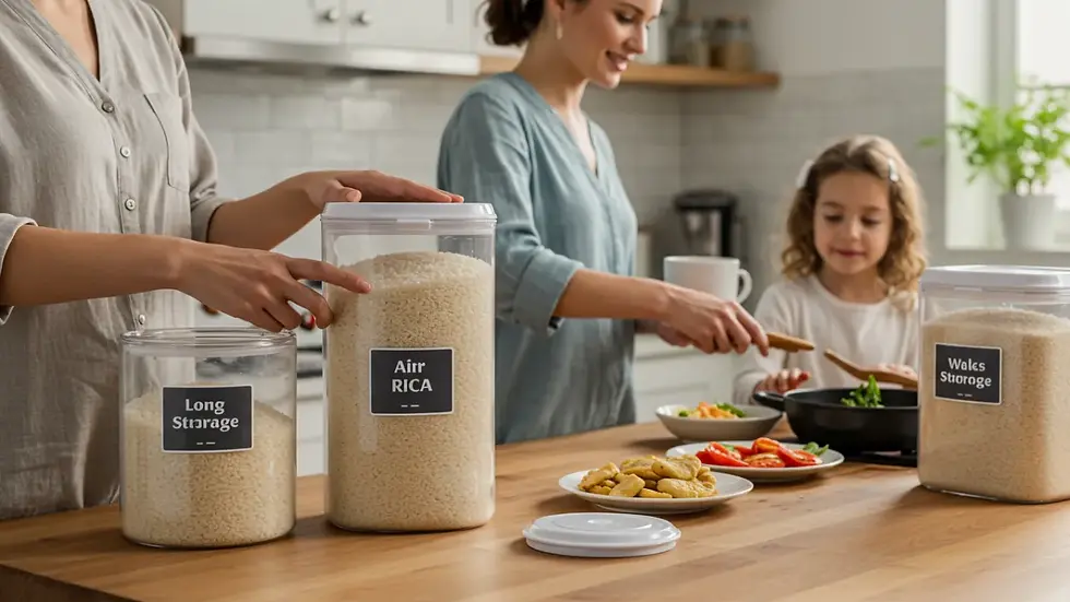 Família utilizando seu estoque de Arroz Apocalíptico para alimentação do dia a dia e economia doméstica