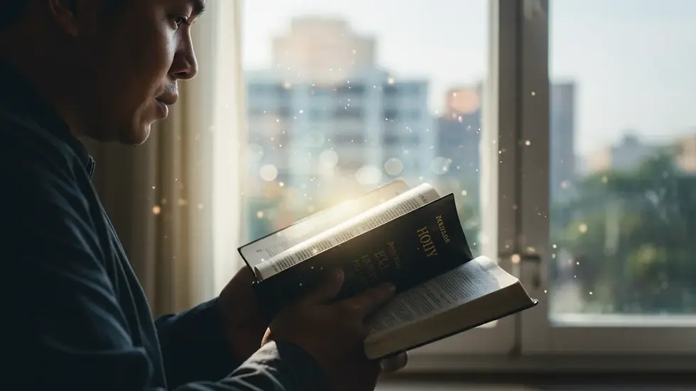 Pessoa lendo a Bíblia com mundo moderno ao fundo, representando preparação espiritual em tempos proféticos