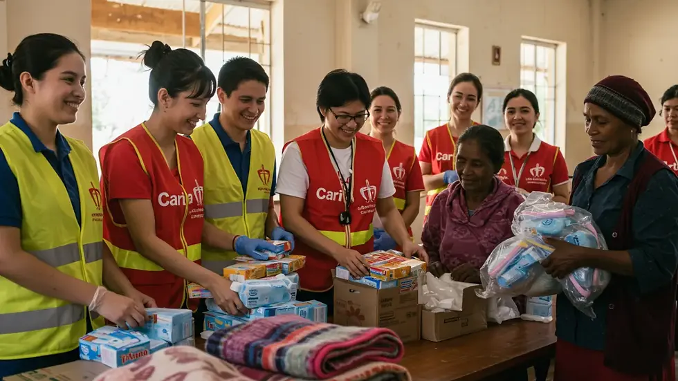 Voluntários católicos distribuindo alimentos e oferecendo apoio a pessoas em situação de vulnerabilidade
