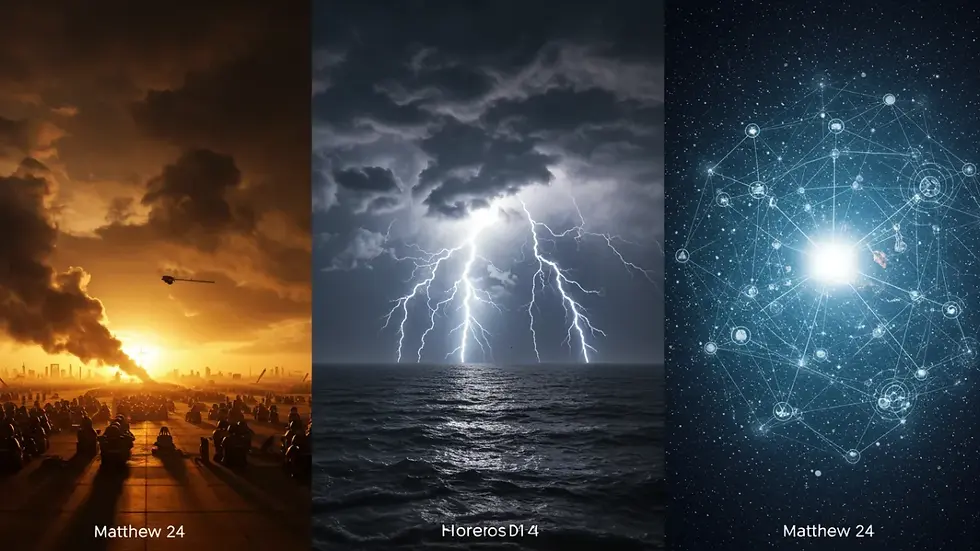 Montagem visual de guerras, desastres naturais e avanços tecnológicos representando os sinais apocalípticos mencionados na Bíblia