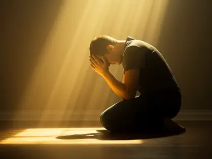Homem ajoelhado em oração humilde representando a queda do orgulho e transformação espiritual