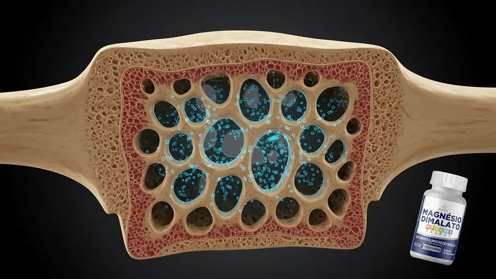 lustração médica 3D mostrando estrutura óssea saudável com destaque para ação do magnésio na densidade óssea