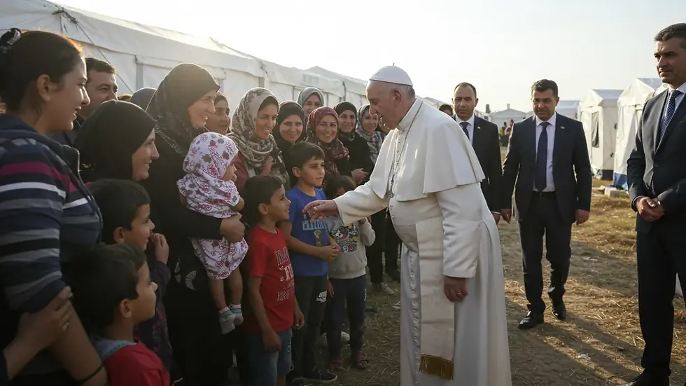 Papa Francisco durante visita a campo de refugiados, demonstrando a diplomacia humanitária católica e sua influência nas questões migratórias globais.