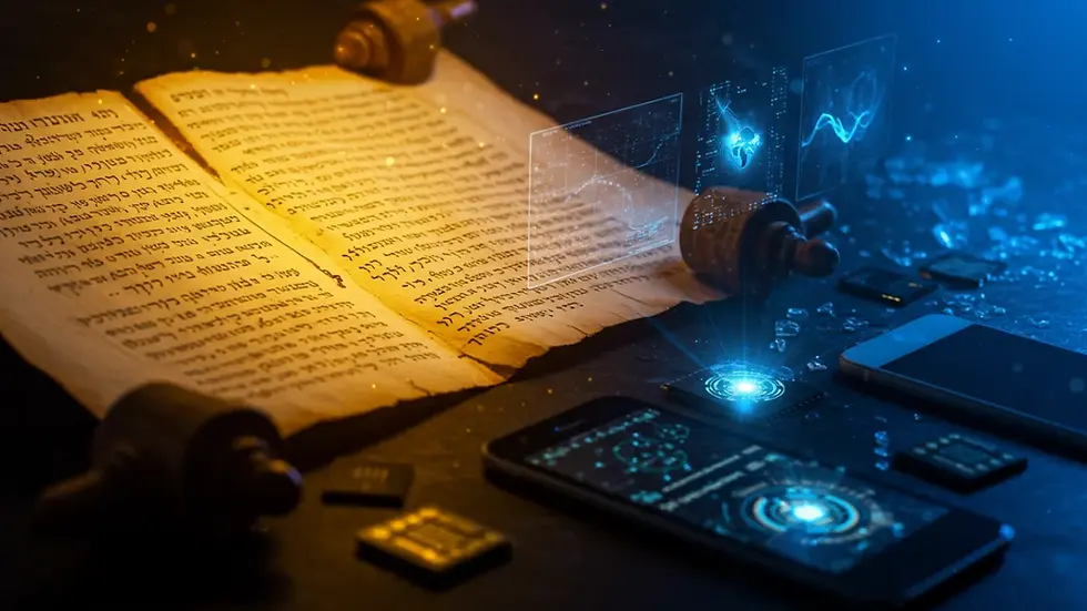 Pergaminho bíblico antigo próximo a dispositivos tecnológicos modernos simbolizando a conexão entre o Apocalipse e a tecnologia atual