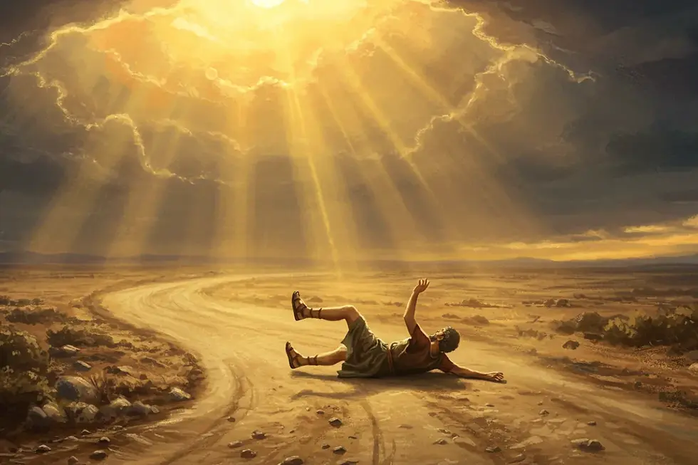 Saulo caindo do cavalo na estrada de Damasco com luz celestial brilhante representando encontro com Jesus