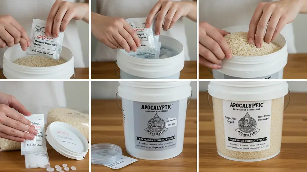 Processo de armazenamento de Arroz Apocalíptico em recipientes herméticos com absorvedores de oxigênio e sílica gel