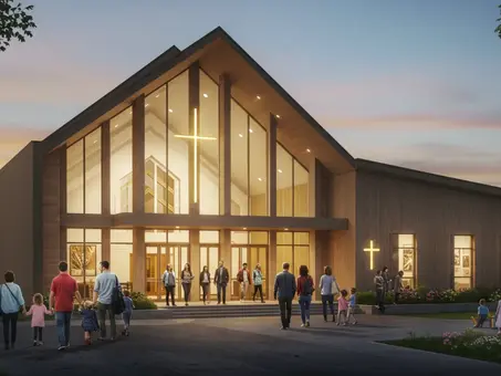Igreja evangélica moderna com famílias e comunidade entrando para culto - papel da igreja na sociedade
