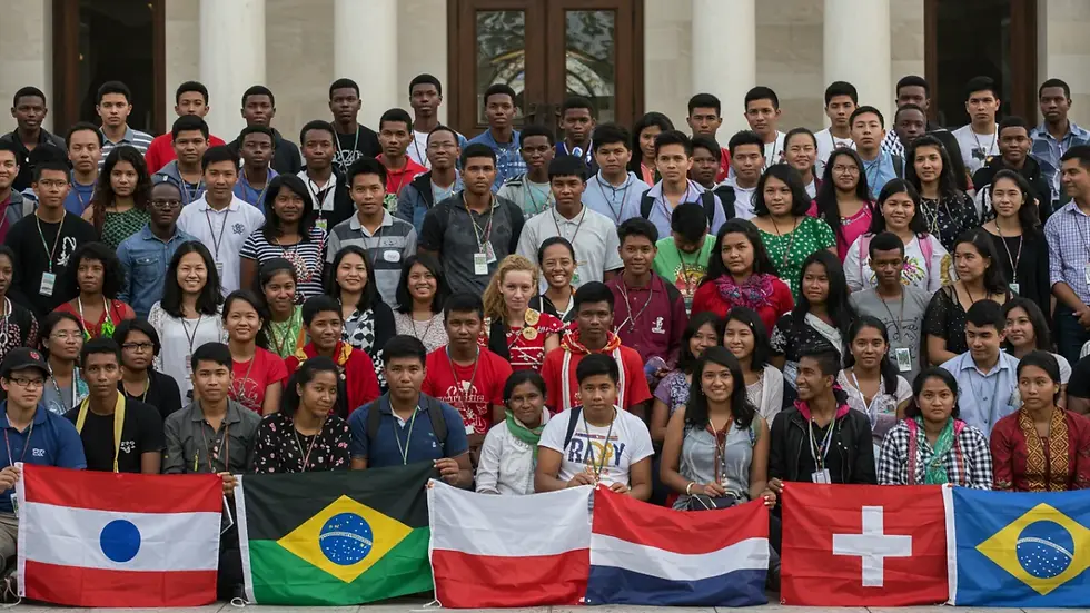 ovens católicos de diversos países reunidos em evento internacional com símbolos religiosos e bandeiras nacionais, representando o futuro global da influência católica.