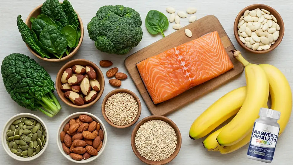 Mesa com alimentos ricos em magnésio incluindo espinafre, castanhas, sementes e peixes para fortalecer ossos