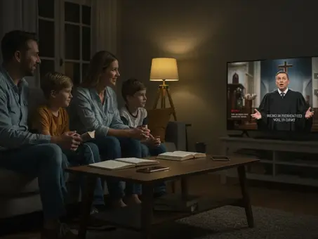  Família cristã participando de um culto evangélico online em casa, com Bíblia aberta e dispositivos eletrônicos