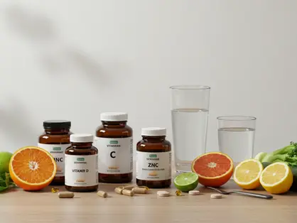 Suplementos alimentares para imunidade com vitaminas C D e zinco sobre mesa com frutas e vegetais fresco
