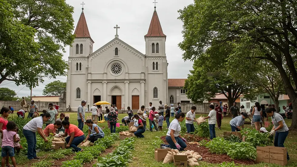Igreja católica histórica com fiéis reunidos em trabalho comunitário simbolizando o papel social da Igreja Católica na sociedade