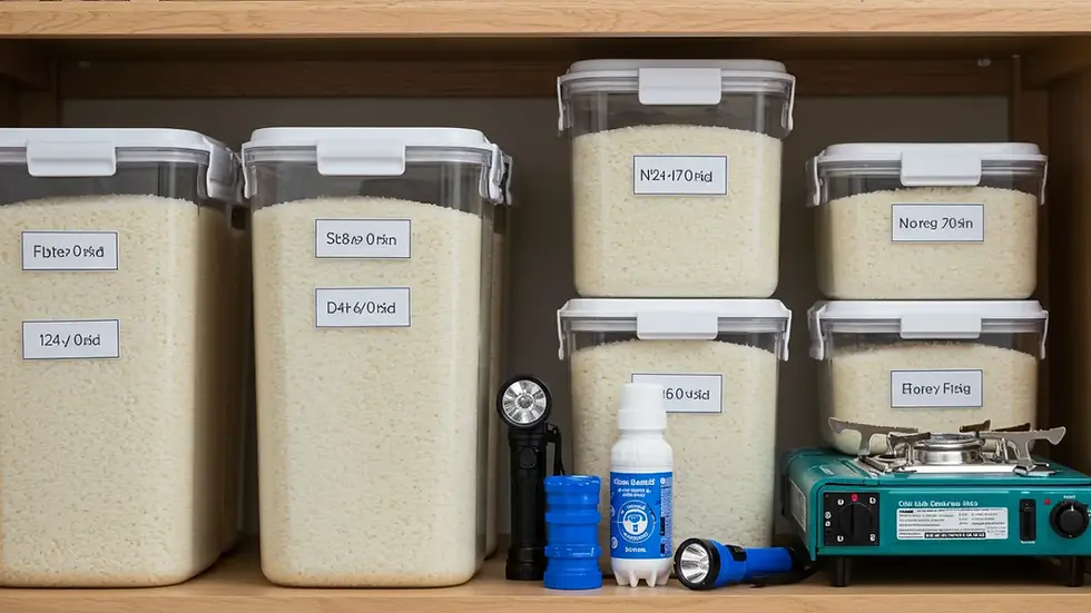 Arroz Apocalíptico organizado em recipientes herméticos de armazenamento com itens de preparação para emergências