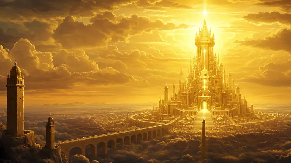 Representação artística da Nova Jerusalém descrita no livro do Apocalipse com luz celestial e arquitetura divina