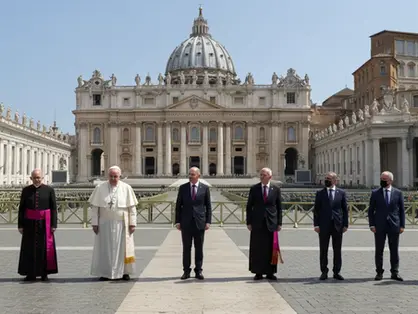 Papa Francisco cumprimentando líderes mundiais na Praça São Pedro com a Basílica ao fundo, simbolizando a influência da Igreja Católica na política global.