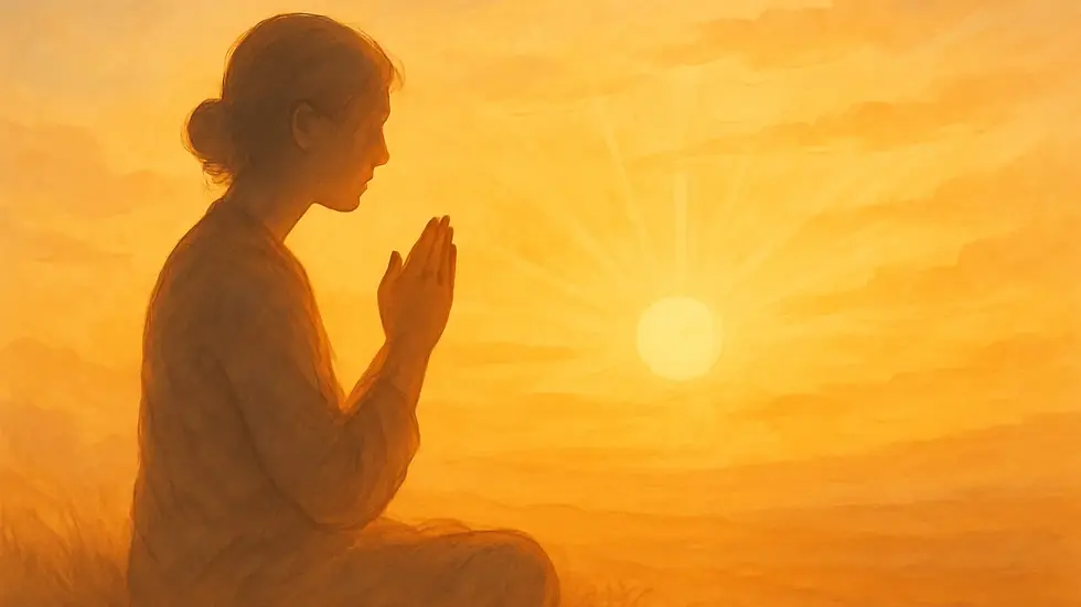 Pessoa orando pacificamente ao nascer do sol simbolizando vigilância espiritual e esperança em tempos apocalípticos