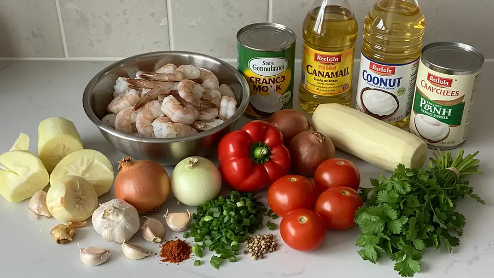 Ingredientes frescos para bobó de camarão dispostos sobre bancada incluindo camarões mandioca leite de coco