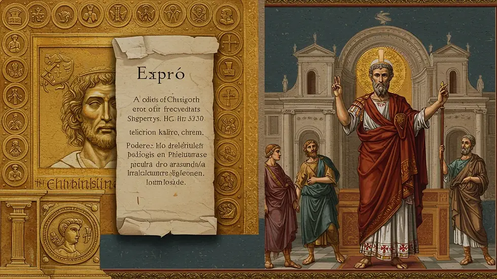 Mosaico histórico mostrando o Imperador Constantino e sua relação com a Igreja primitiva, marco da ascensão católica como poder político.