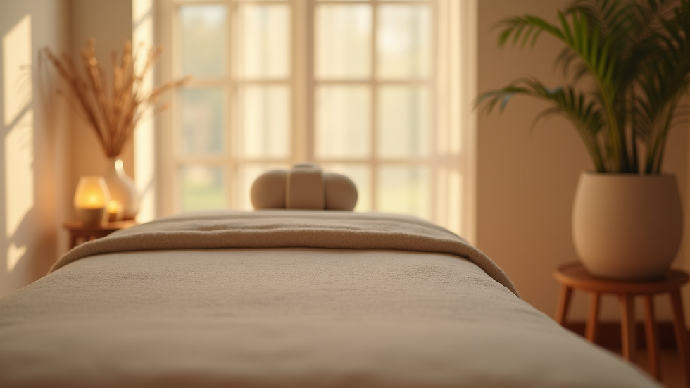 Eye-level view of a massage table with soft lighting and calming decor