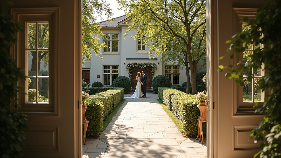 Wide angle view of a peaceful wedding venue setting