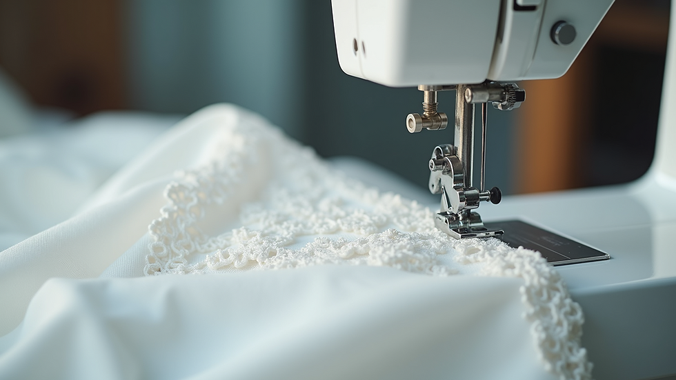 Eye-level view of sewing machine stitching a white wedding dress