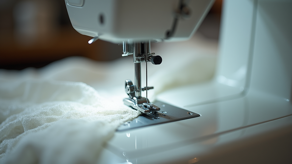 Eye-level view of a sewing machine stitching a wedding dress bustle