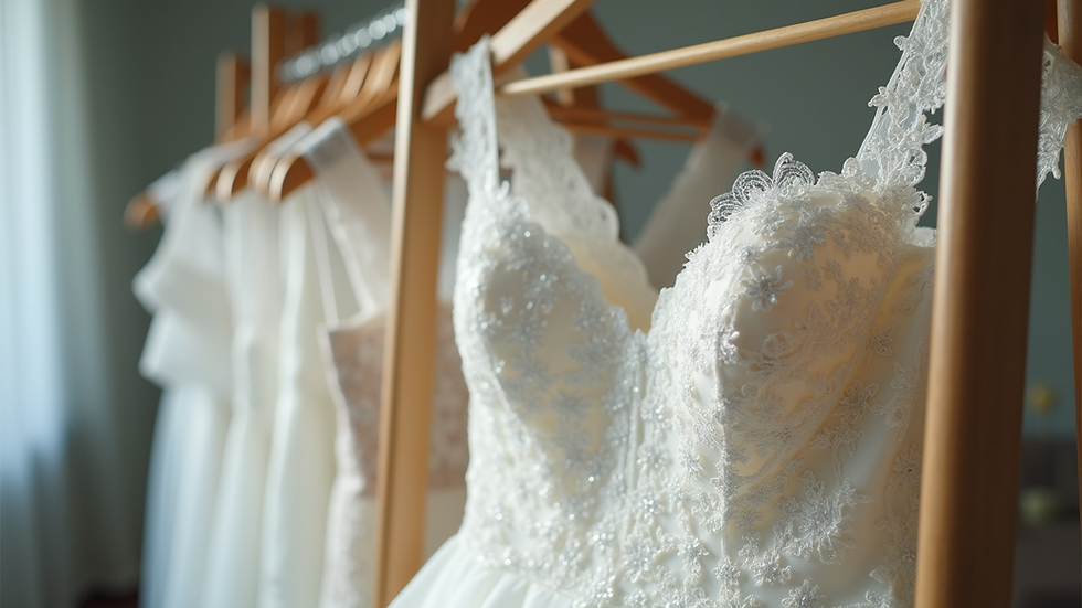 Eye-level view of a bridal dress hanging on a rack