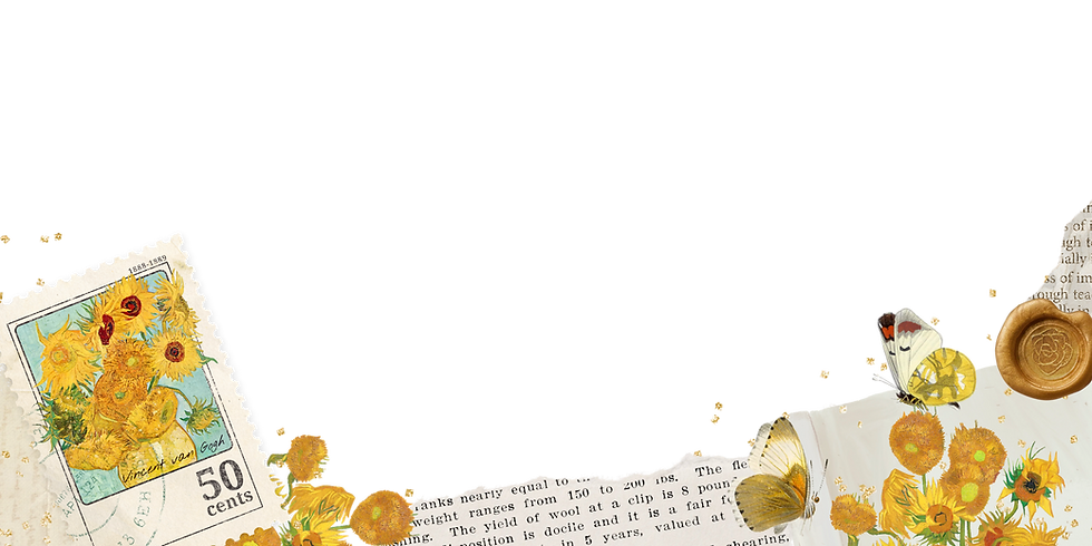 "Decorative collage graphic featuring a Van Gogh Sunflowers postage stamp, torn vintage paper, butterflies and gold confetti