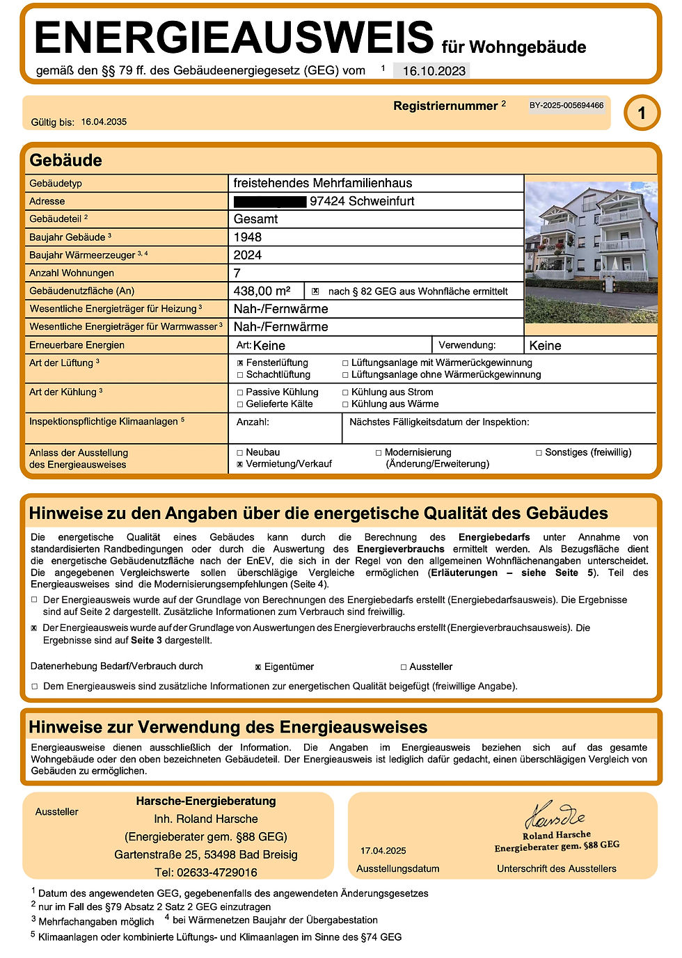 Energieausweis eines Mehrfamilienhauses in Schweinfurt – Verbrauchsausweis, Effizienzklasse D, Fernwärme