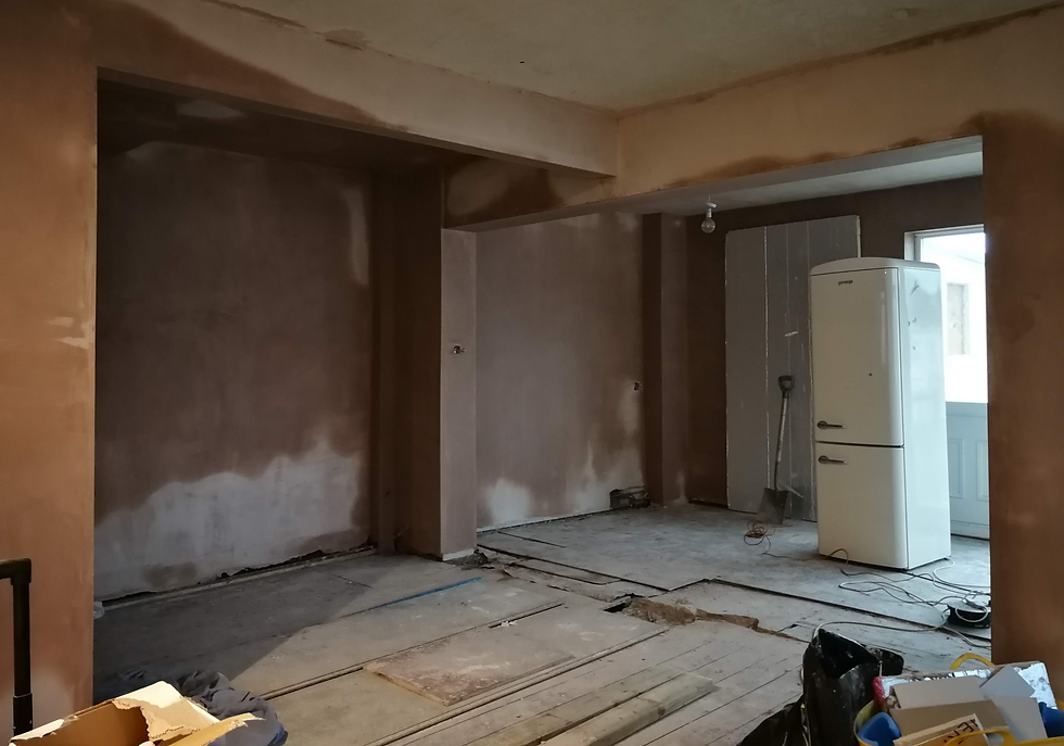 Kitchen renovation. The space has been reconfigured and plastered need time to set.  