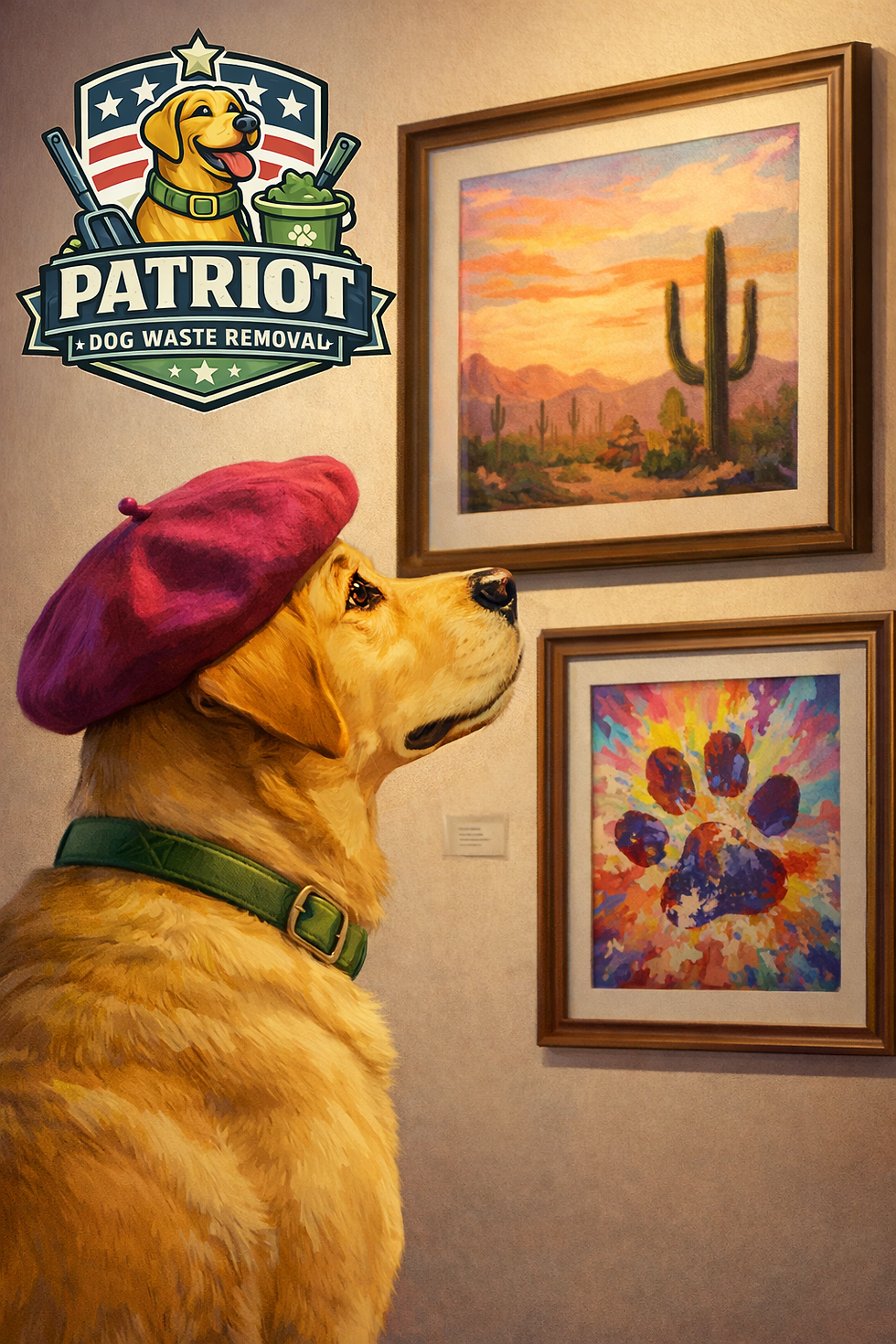 Labrador looking at art on a wall with a beret on