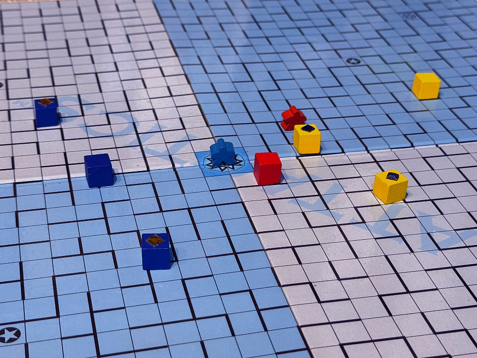ATTACTICS game board with several meeple piece around the center of the board game maze.