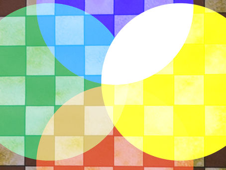 The colors green, blue, yellow and red overlap a checker board.