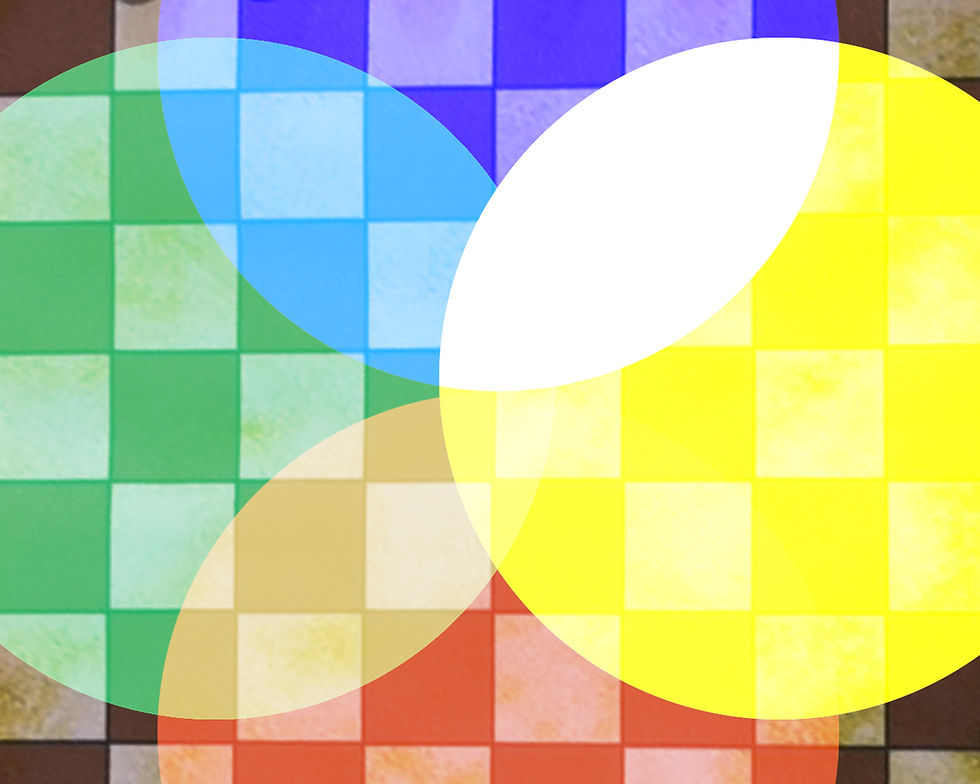The colors green, blue, yellow and red overlap a checker board.