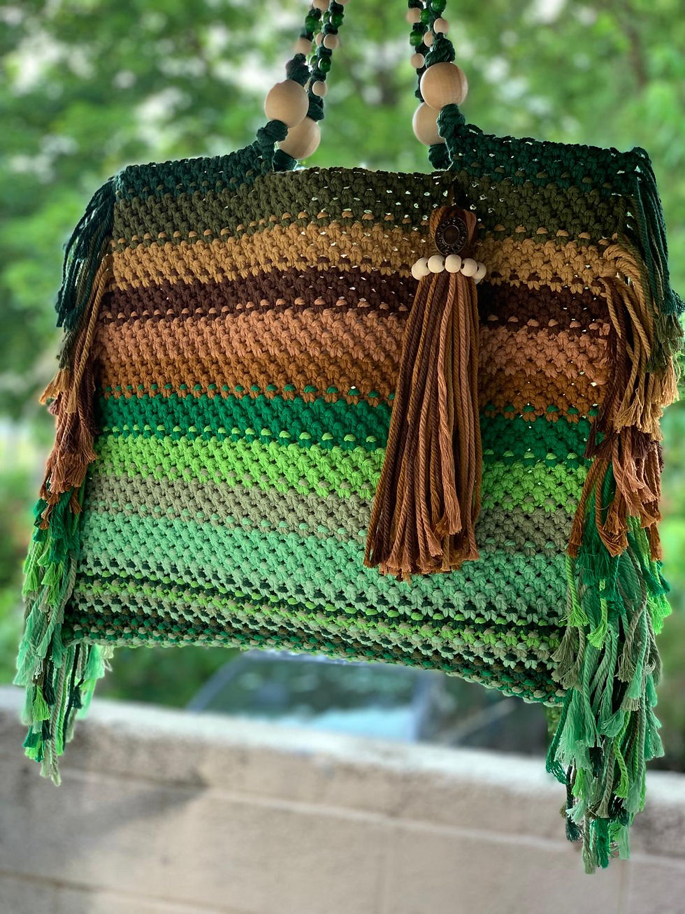 Miniature : Sac a franges en macramé vert nature
