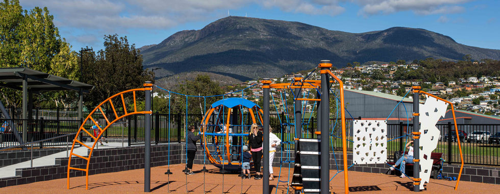 Willplay Space-themed playground equipment at Benjafield Park in Moonah, Tasmania.