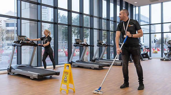 Two professional cleaners cleaning a modern, bright gym area