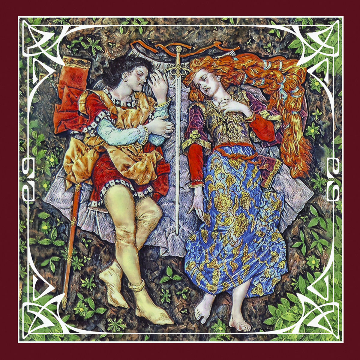 Medieval lovers sleep; forest, ornate border
