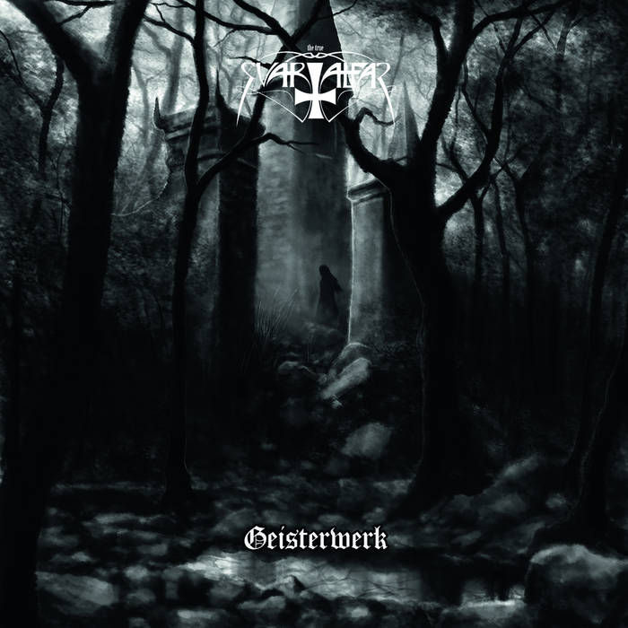 Dark forest, tower, "Oesterwerk" text, black metal album art