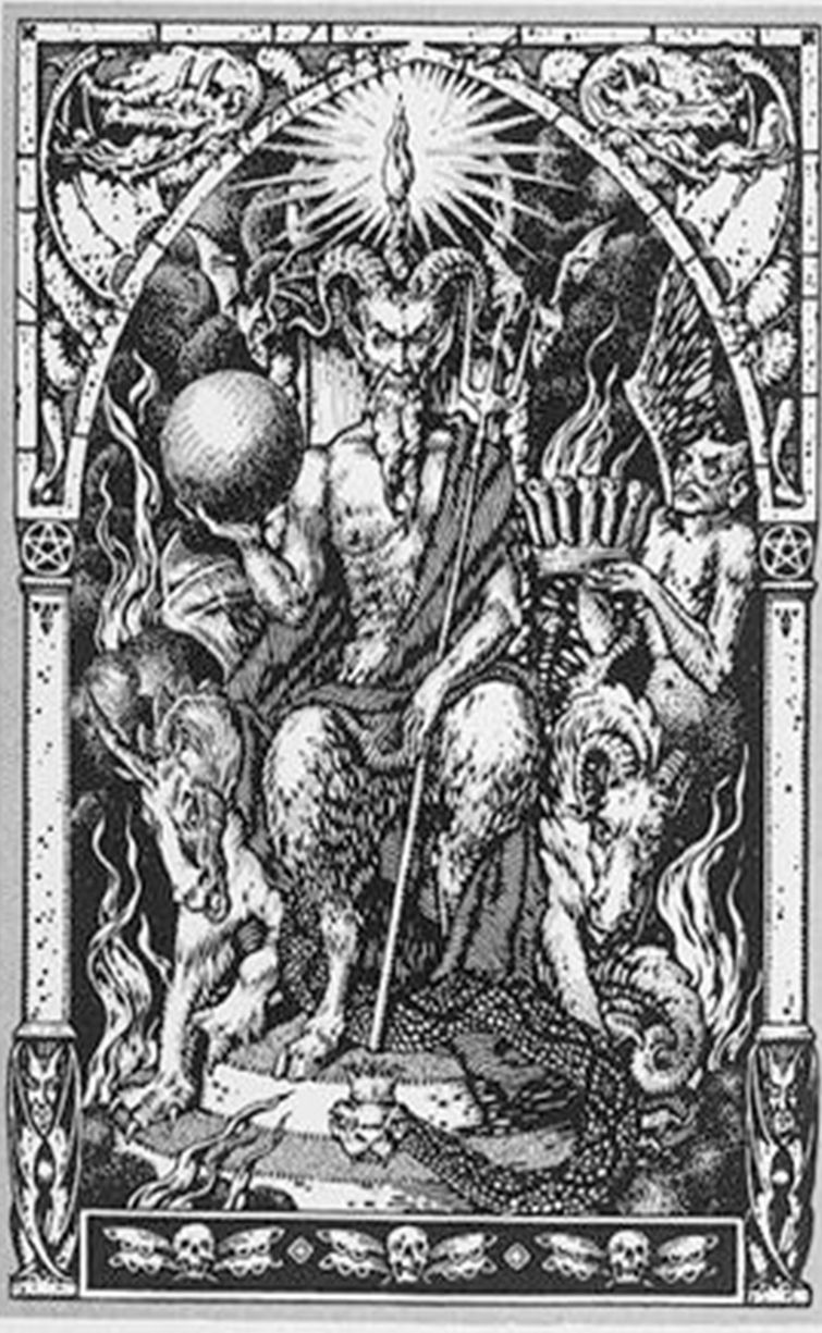 Demonic figure on throne, holding orb