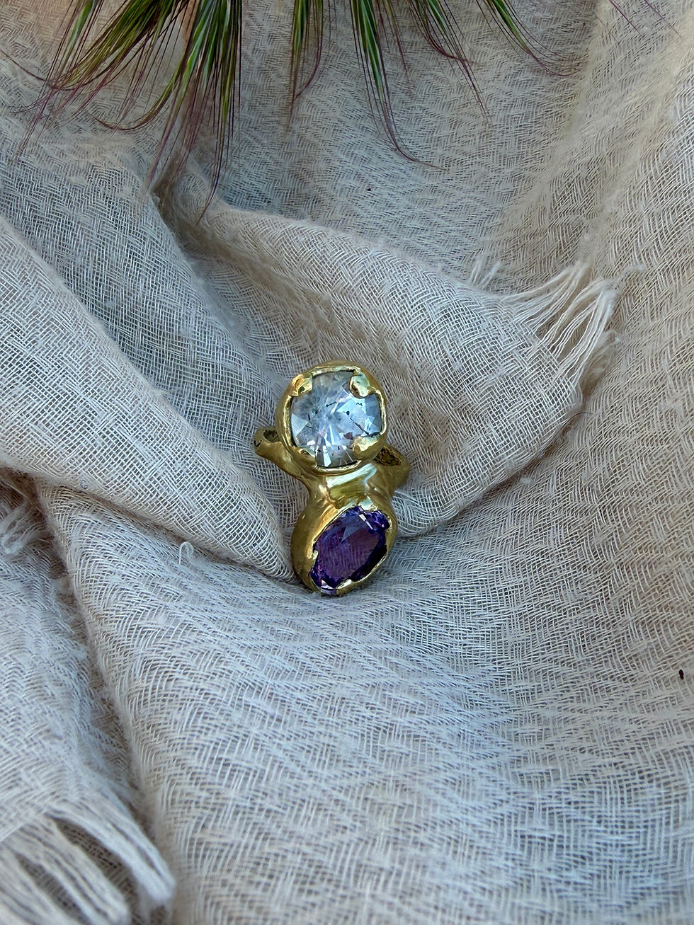 Thumbnail: Double Crystal Brass Ring – Madagascar Amethyst & White Quartz 